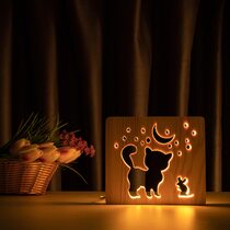 Светильник ночник ArtEco Light из дерева LED "Кот и мышка под луной" с пультом и регулировкой света, цвет теплый белый
