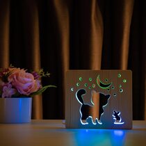 Светильник ночник ArtEco Light из дерева LED "Кот и мышка под луной" с пультом и регулировкой цвета, двойной RGB