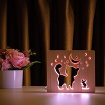 Светильник ночник ArtEco Light из дерева LED "Кот и мышка под луной" с пультом и регулировкой цвета, двойной RGB