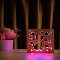 Светильник ночник ArtEco Light из дерева LED "Кот и рыбки" с пультом и регулировкой цвета, двойной RGB
