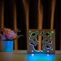 Светильник ночник ArtEco Light из дерева LED "Кот и рыбки" с пультом и регулировкой цвета, двойной RGB