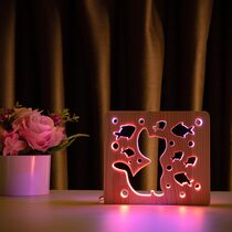 Светильник ночник ArtEco Light из дерева LED "Кот и рыбки" с пультом и регулировкой цвета, двойной RGB