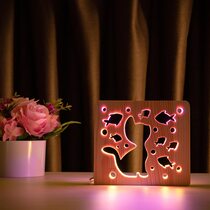 Светильник ночник ArtEco Light из дерева LED "Кот и рыбки" с пультом и регулировкой цвета, двойной RGB