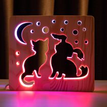 Светильник ночник ArtEco Light из дерева LED "Кот и собачка" с пультом и регулировкой цвета, двойной RGB