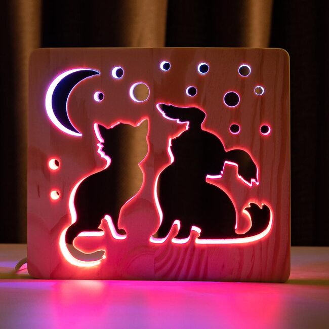 Светильник ночник ArtEco Light из дерева LED "Кот и собачка" с пультом и регулировкой цвета, двойной RGB