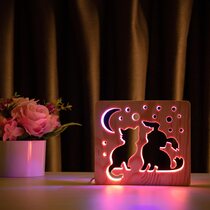Светильник ночник ArtEco Light из дерева LED "Кот и собачка" с пультом и регулировкой цвета, двойной RGB