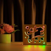 Светильник ночник ArtEco Light из дерева LED "Собака и птички" с пультом и регулировкой цвета, двойной RGB