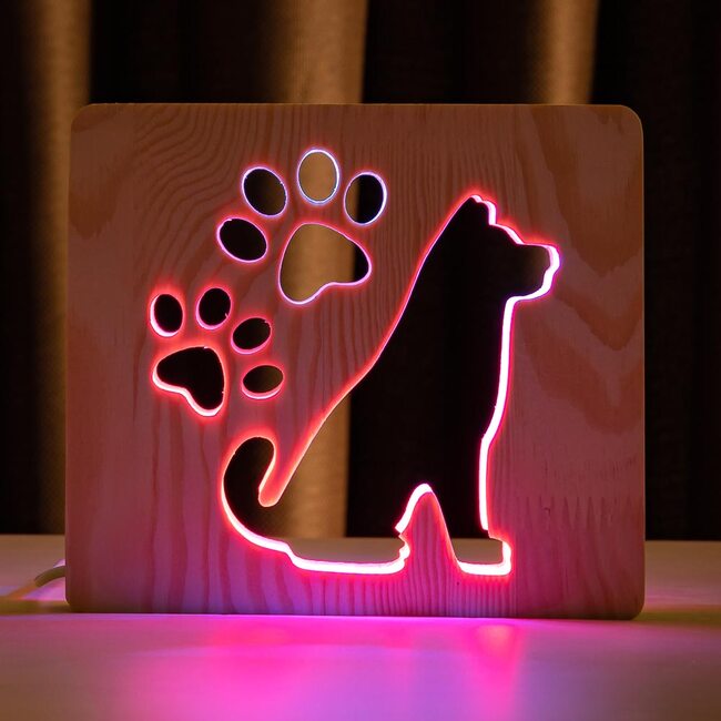 Светильник ночник ArtEco Light из дерева LED "Собака и следы" с пультом и регулировкой цвета, двойной RGB