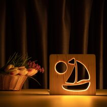 Светильник ночник ArtEco Light из дерева LED "Кораблик" с пультом и регулировкой света, цвет теплый белый