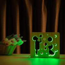 Светильник ночник ArtEco Light из дерева LED "Мальчик и пузыри" с пультом и регулировкой цвета, RGB