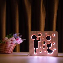 Светильник ночник ArtEco Light из дерева LED "Мальчик и пузыри" с пультом и регулировкой цвета, RGB