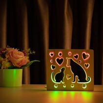 Светильник ночник ArtEco Light из дерева LED "Кот и пес" с пультом и регулировкой цвета, двойной RGB