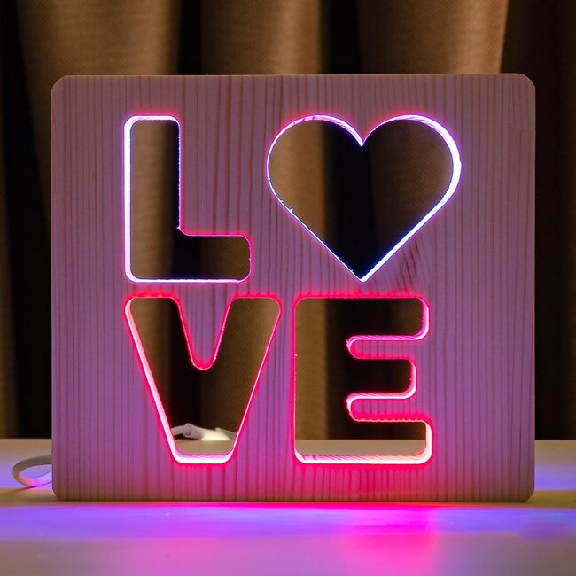 Светильник ночник ArtEco Light из дерева LED "LOVE" с пультом и регулировкой цвета, двойной RGB
