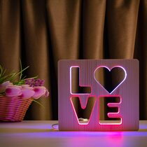 Светильник ночник ArtEco Light из дерева LED "LOVE" с пультом и регулировкой цвета, двойной RGB