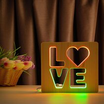 Светильник ночник ArtEco Light из дерева LED "LOVE" с пультом и регулировкой цвета, двойной RGB