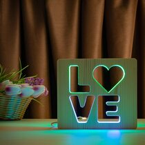 Светильник ночник ArtEco Light из дерева LED "LOVE" с пультом и регулировкой цвета, двойной RGB