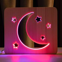 Светильник ночник ArtEco Light из дерева LED "Месяц и звезды" с пультом и регулировкой цвета, двойной RGB