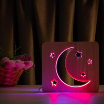 Светильник ночник ArtEco Light из дерева LED "Месяц и звезды" с пультом и регулировкой цвета, двойной RGB