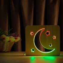Светильник ночник ArtEco Light из дерева LED "Месяц и звезды" с пультом и регулировкой цвета, двойной RGB