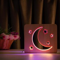 Светильник ночник ArtEco Light из дерева LED "Месяц и звезды" с пультом и регулировкой цвета, двойной RGB