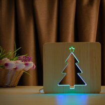 Светильник ночник ArtEco Light из дерева LED "Ёлочка" с пультом и регулировкой цвета, двойной RGB