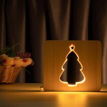 Светильник ночник ArtEco Light из дерева LED "Ёлочка под снегом" с пультом и регулировкой света, цвет теплый белый