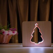 Светильник ночник ArtEco Light из дерева LED "Ёлочка под снегом" с пультом и регулировкой цвета, RGB