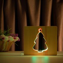 Светильник ночник ArtEco Light из дерева LED "Ёлочка под снегом" с пультом и регулировкой цвета, двойной RGB