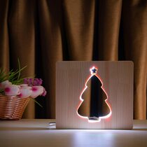 Светильник ночник ArtEco Light из дерева LED "Ёлочка под снегом" с пультом и регулировкой цвета, двойной RGB